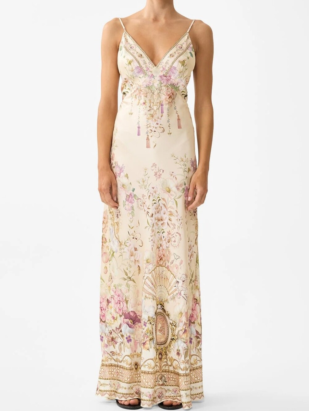 Camilla v neck full length bias slip dress In Adorned in aranjuez - Picture 1 of 13